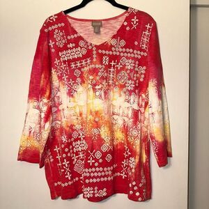 Chicos Women’s Red Pink Tie Dye Graphic Shirt Size 2 (Large) EUC